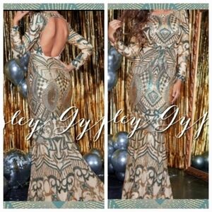Teal and Gold Long Sleeve Backless Mermaid Contrast Sequin Formal Gown